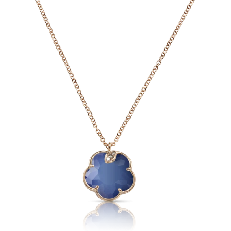 Collana Petit Joli' In Oro Rosa 18 Carati Con Agata Bianca E Lapisluzzuli Doppietta, Diamanti Bianchi E Champagne