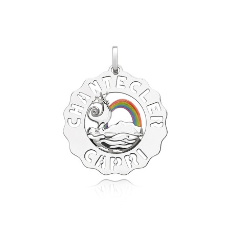 Chantecler Ciondolo Grande Gallo E Arcobaleno In Argento E Smalti Colorati Ref. 40178 - Tomasini Francia