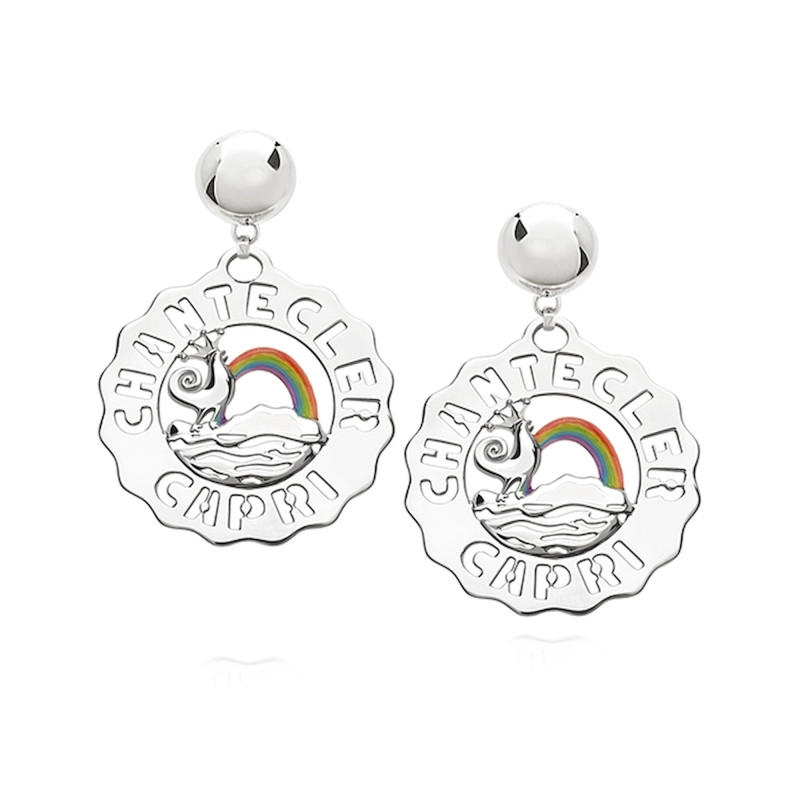 Chantecler Orecchini Grandi Gallo E Arcobaleno In Argento E Smalti Colorati Ref. 40180 - Tomasini Francia