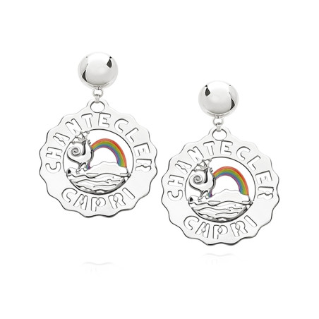 Chantecler Orecchini Grandi Gallo E Arcobaleno In Argento E Smalti Colorati Ref. 40180 - Tomasini Francia