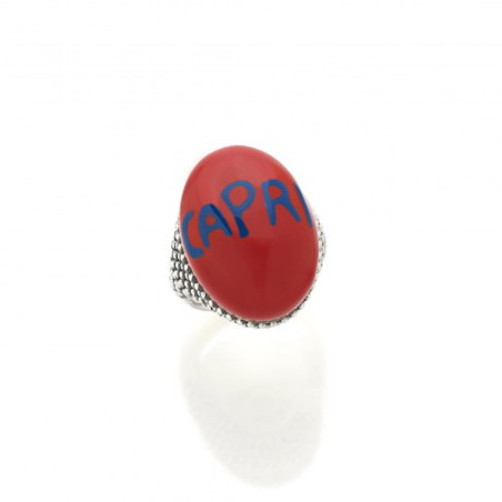 Chantecler Anello In Argento, Cabochon Rosso E Scritta Capri Blu Ref. 40254 - Tomasini Francia