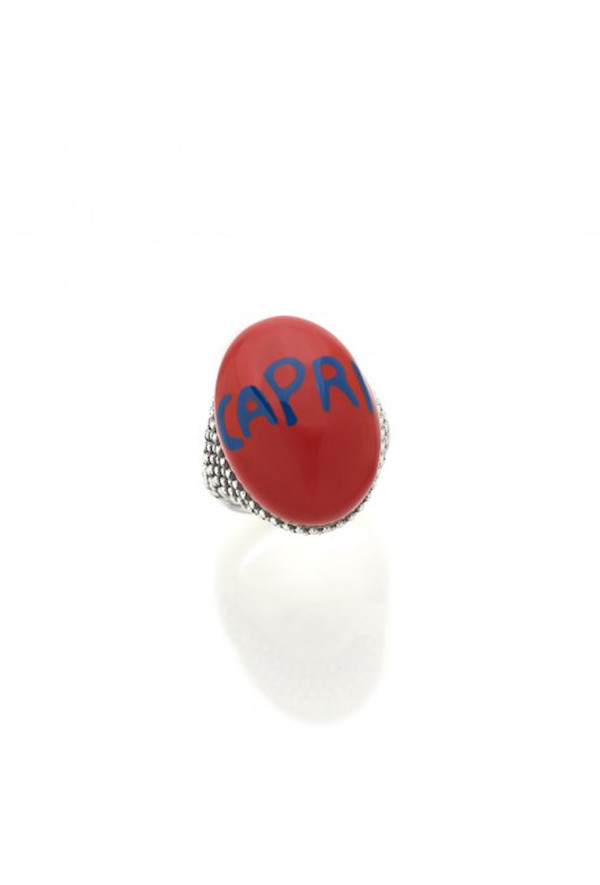 Chantecler Anello In Argento, Cabochon Rosso E Scritta Capri Blu Ref. 40254 - Tomasini Francia