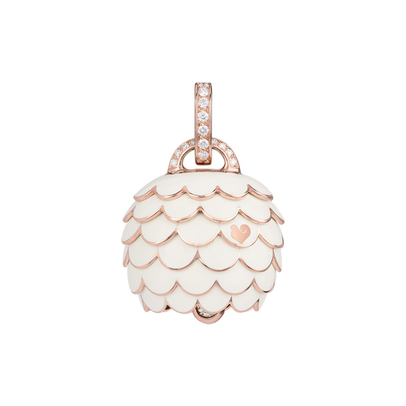 Ciondolo Campanella Chantecler Paillettes In Oro Rosa Diamanti Bianchi E Smalto Bianco Ref. 41022 - Tomasini Francia