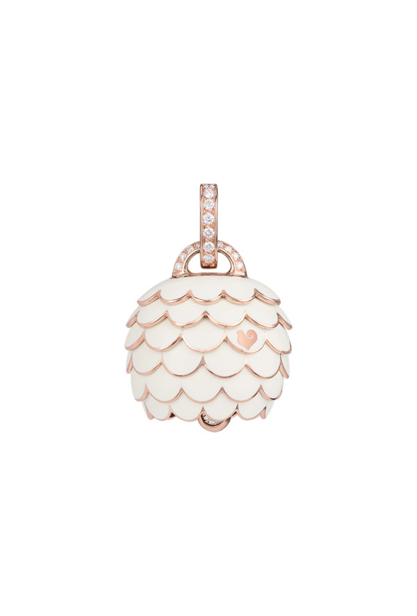 Ciondolo Campanella Chantecler Paillettes In Oro Rosa Diamanti Bianchi E Smalto Bianco Ref. 41022 - Tomasini Francia
