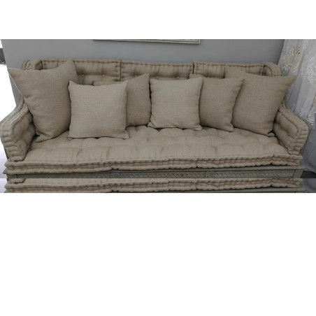 Divano 4 Posti Blanc Mariclò Shabby Style Legno E Paglia Di Vienna Con 6 Cuscini In Juta Ref. A15418 - Tomasini Francia