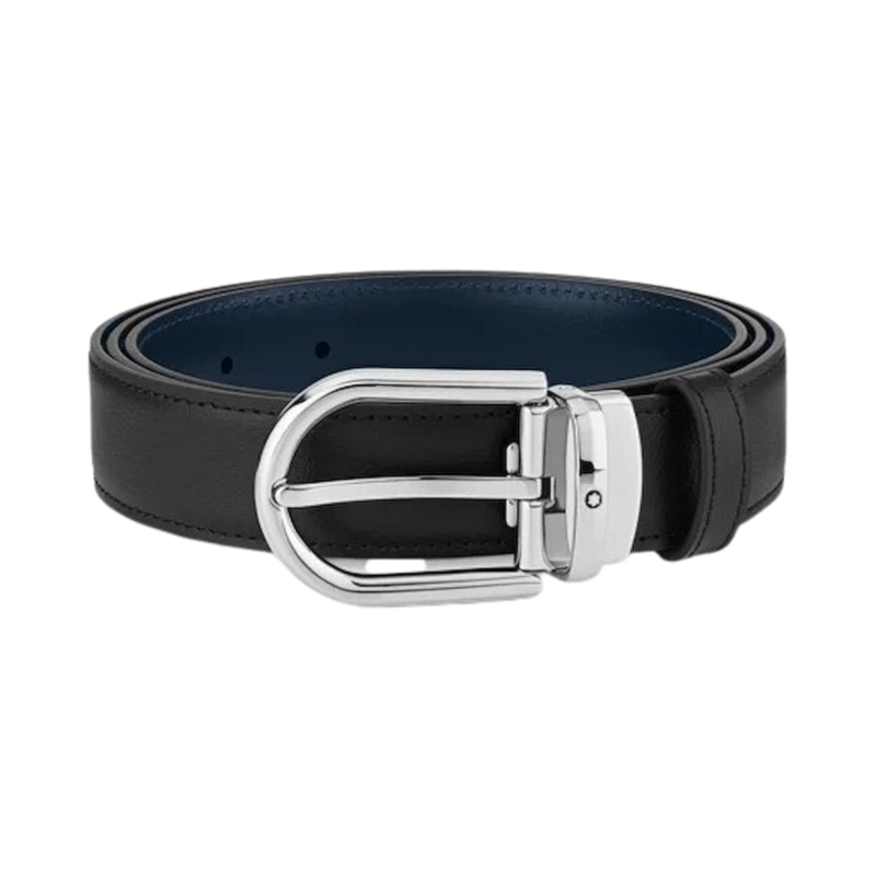Montblanc Cintura Reversibile in Pelle Nera/Blu 30mm Con fibbia a Ferro di Cavallo Ref. MB128756 - Tomasini Francia