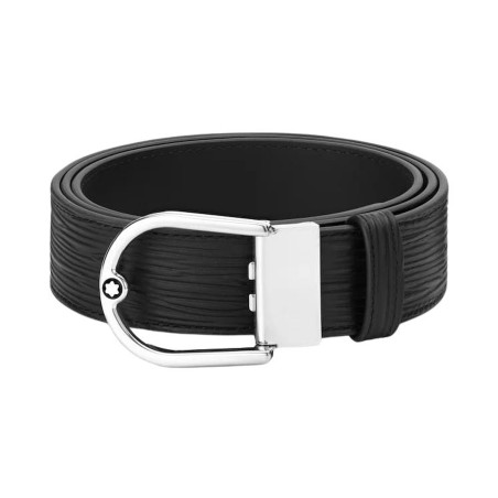 Montblanc Printed Smooth Black Leather Belt with Horseshoe Buckle 35mm Ref. MB198634 - Tomasini Francia