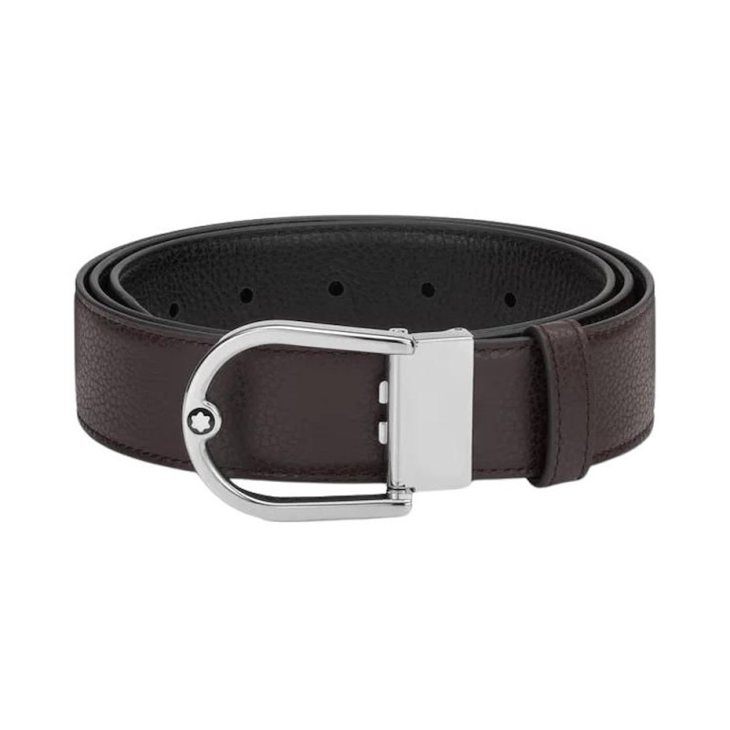 Montblanc Cintura Reversibile in pelle granulata Ebano/Nero 35mm Fibbia a ferro di cavallo Ref. MB198632 - Tomasini Francia