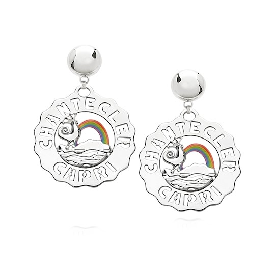 Chantecler Orecchini Grandi Gallo E Arcobaleno In Argento E Smalti Colorati