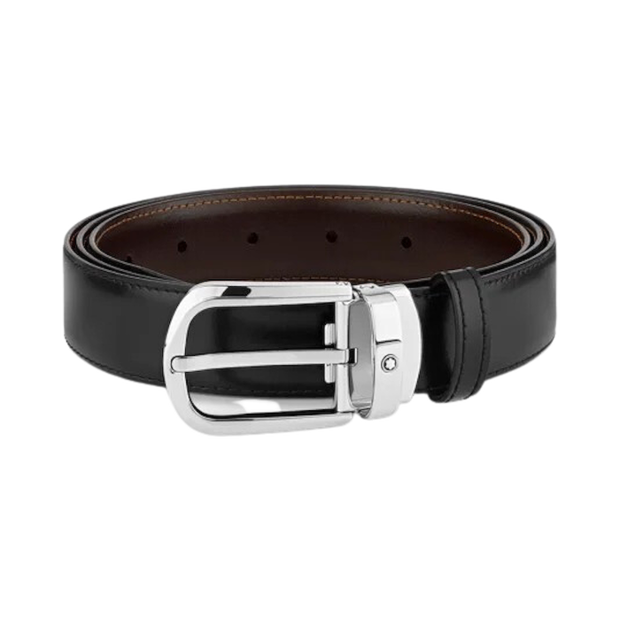 Montblanc Cintura Reversibile in Pelle Nera/Marrone 30mm e Fibbia a Ferro di Cavallo